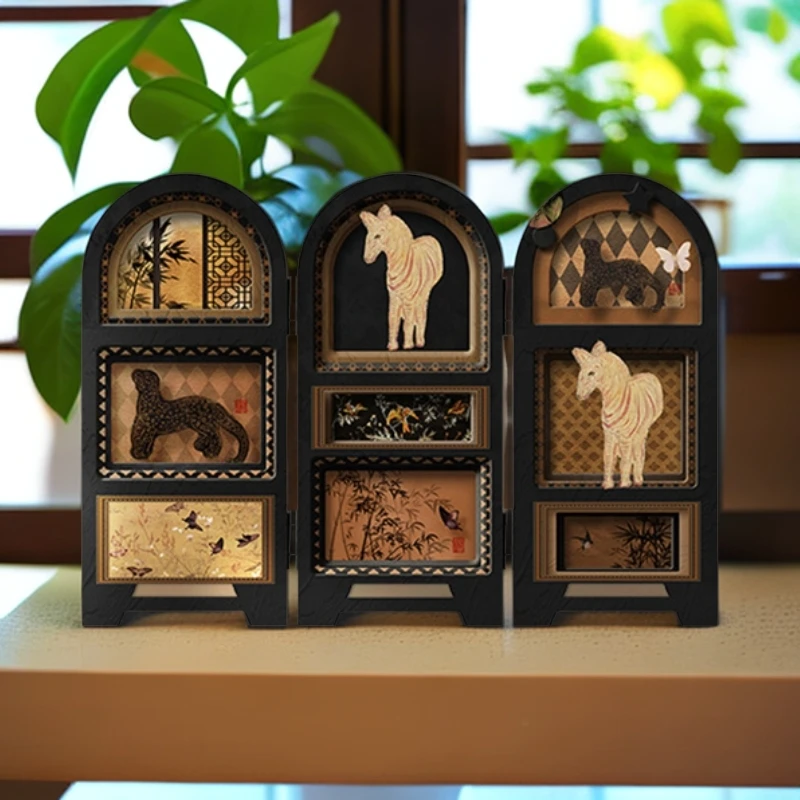 中古风屏风摆件复古客厅电视柜装饰画入户玄关边柜法式创意摆件