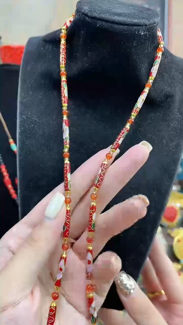 非遗手工景泰蓝竹节项链红色