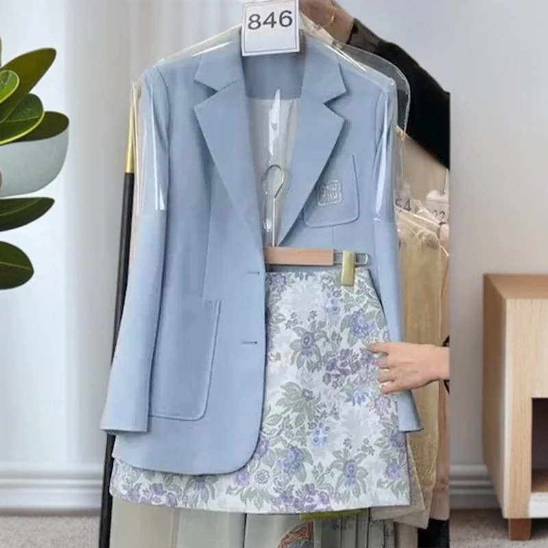 气高级感小香风洋气西装碎花半身裙气质上衣休闲蓝色套装两件套