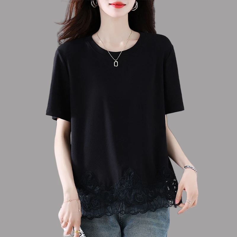 黑色圆领短袖t恤女夏季2025新款时尚宽松设计感蕾丝拼接体恤上衣