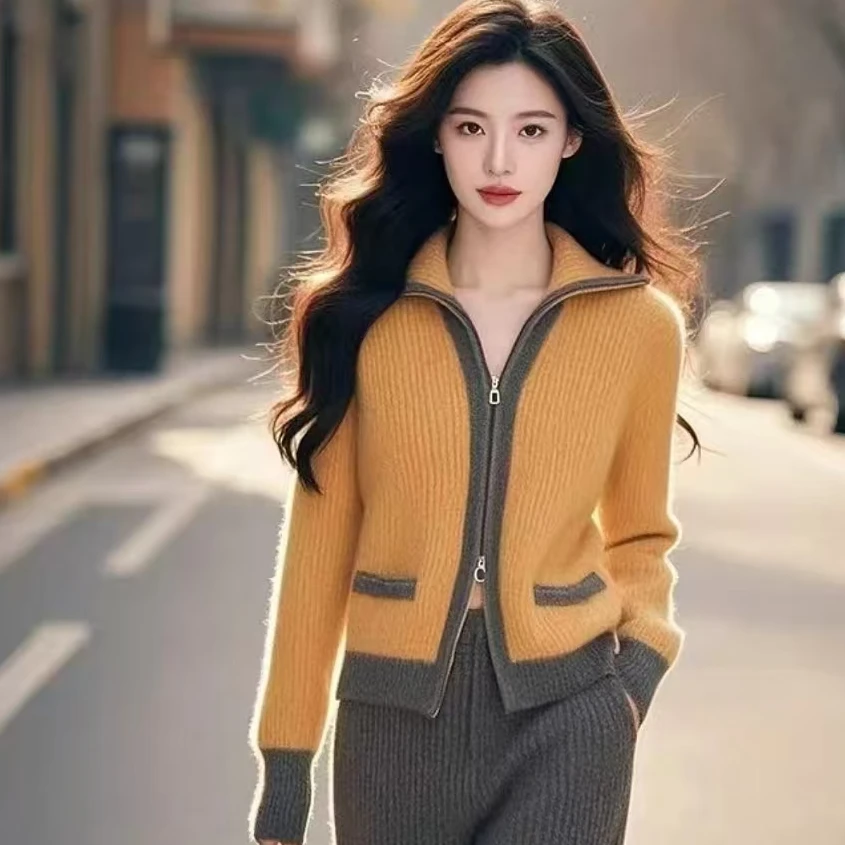 2025秋冬新款立领外套女拉链气质毛衣休闲上衣外搭百搭小众时尚