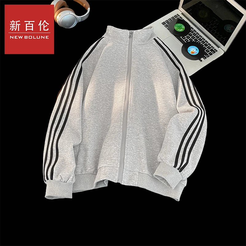 新百伦卫衣春季爆款潮流时尚三条杠撞色开衫卫衣宽松复古港风上衣