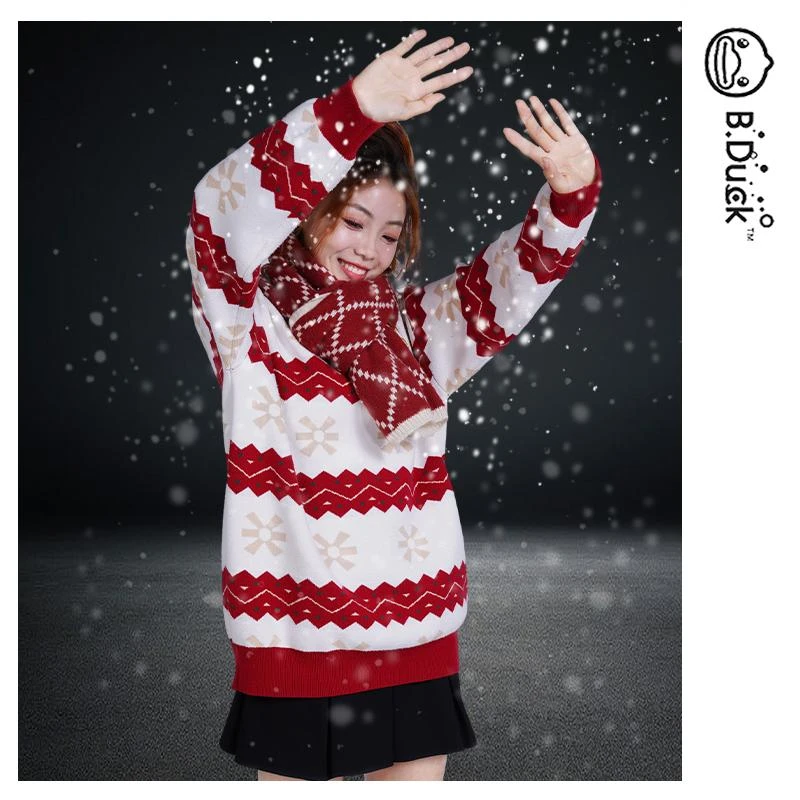 B.Duck小黄鸭2025年冬季加厚提花红色圆领宽松显白情侣款毛衣