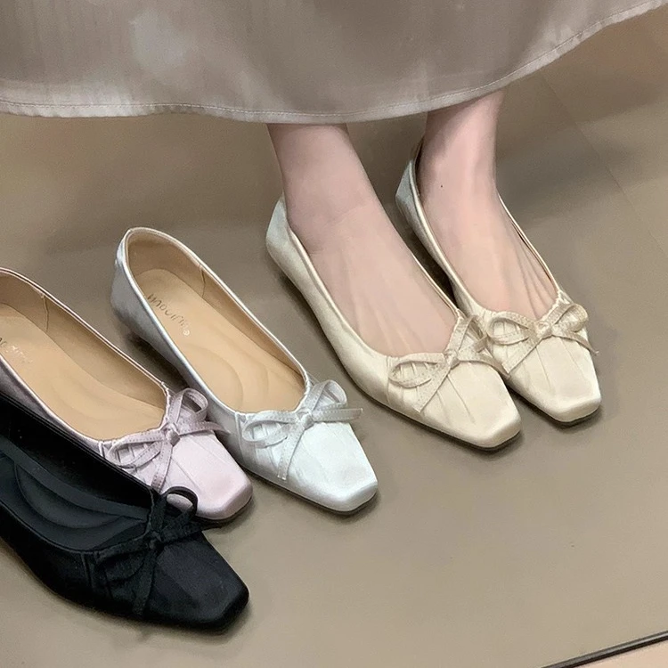 法式小个子方头内增高芭蕾鞋女2025年新款浅口鞋子蝴蝶结平底单鞋