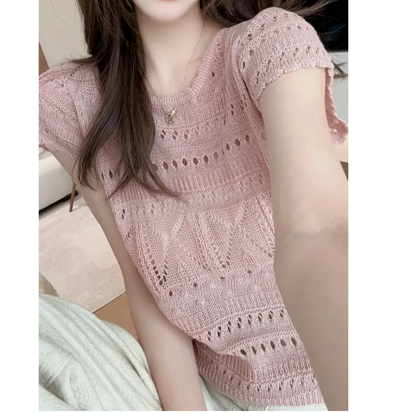 洋气温柔减龄设计感镂空上衣女2025夏季新款慵懒宽松显瘦针织衫