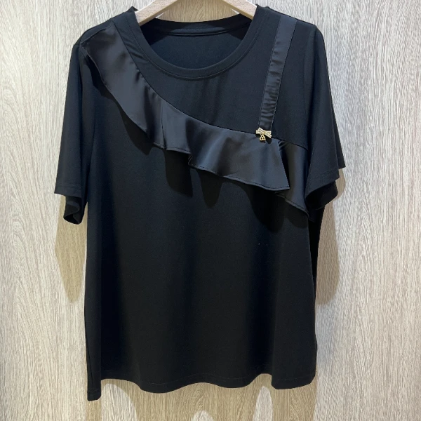 子汇夏装新款1275时尚洋气款身斜荷叶边舒适百搭短袖T恤