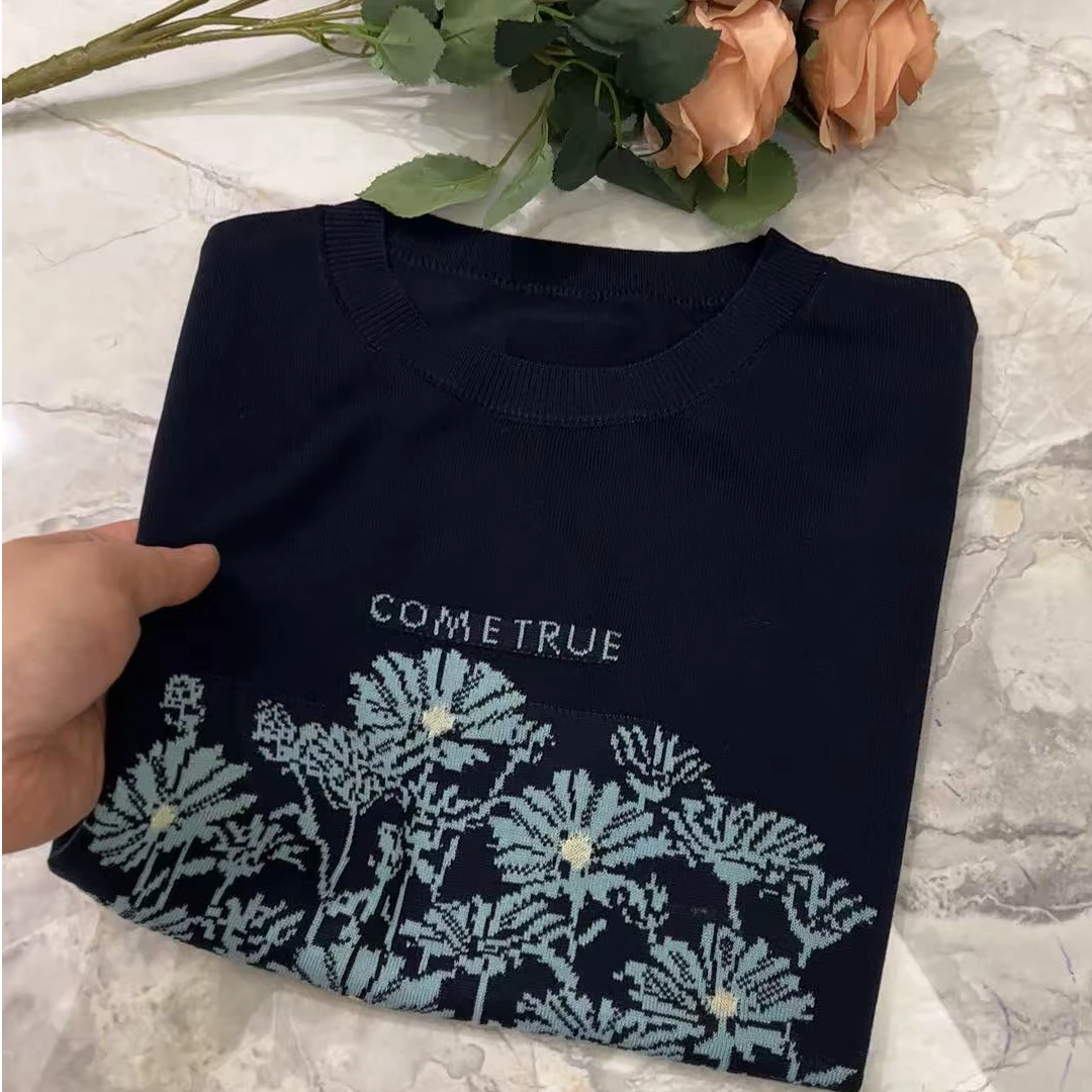 【大麦运费补贴】小雏菊~藏青色花朵短袖套头提花针织衫女夏上衣