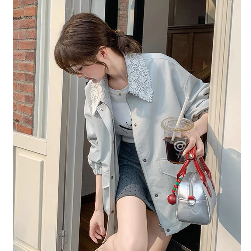 【优雅大气】梦梦 ‘开春蕾丝翻领宽松风衣*311