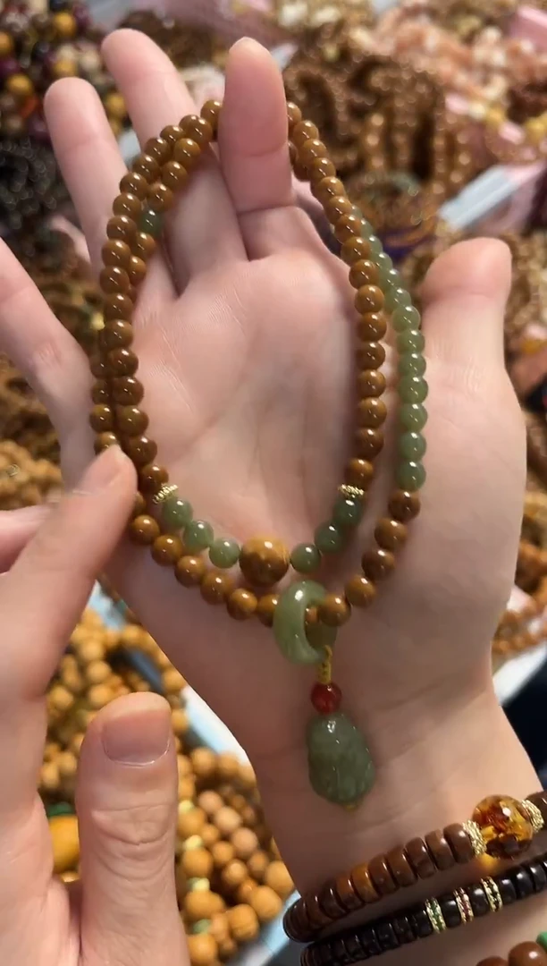 项链未镶嵌和田玉库克圆珠6mm搭配和田玉貔貅项链