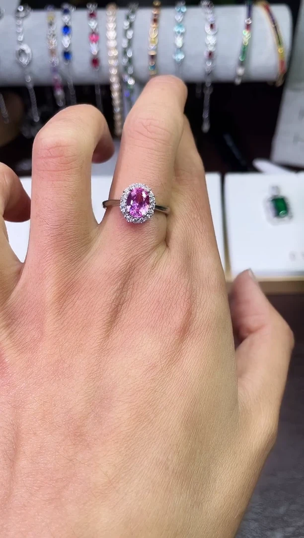 足铂镶嵌合成（培育）红宝石戒指/指环热粉戴妃戒指