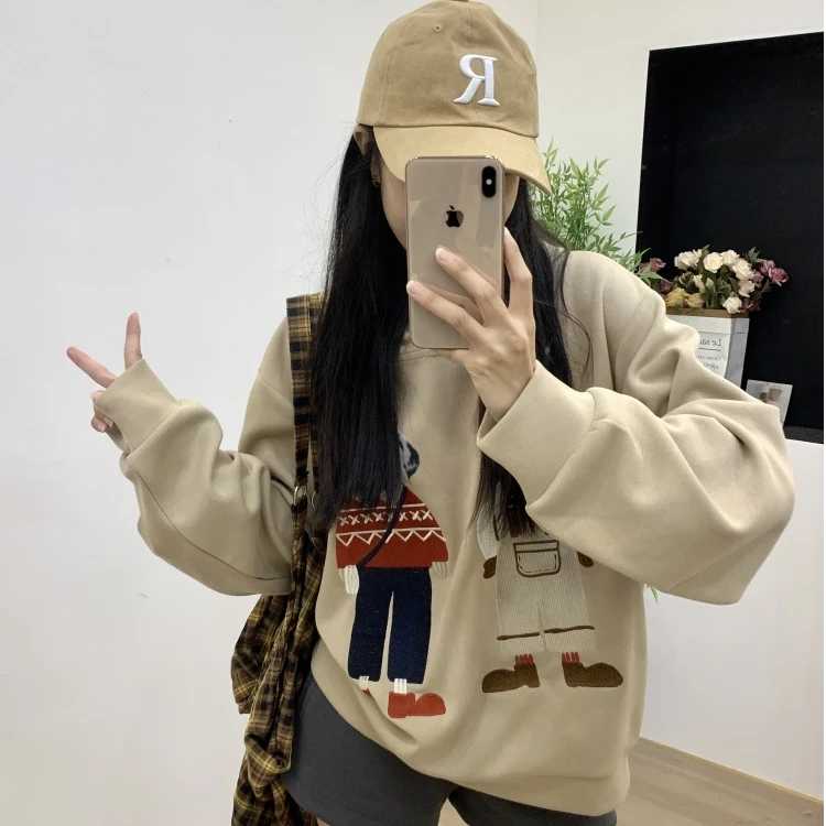 印花刺绣连帽长袖卫衣春秋女秋季韩系休闲宽松显瘦百搭套头上衣