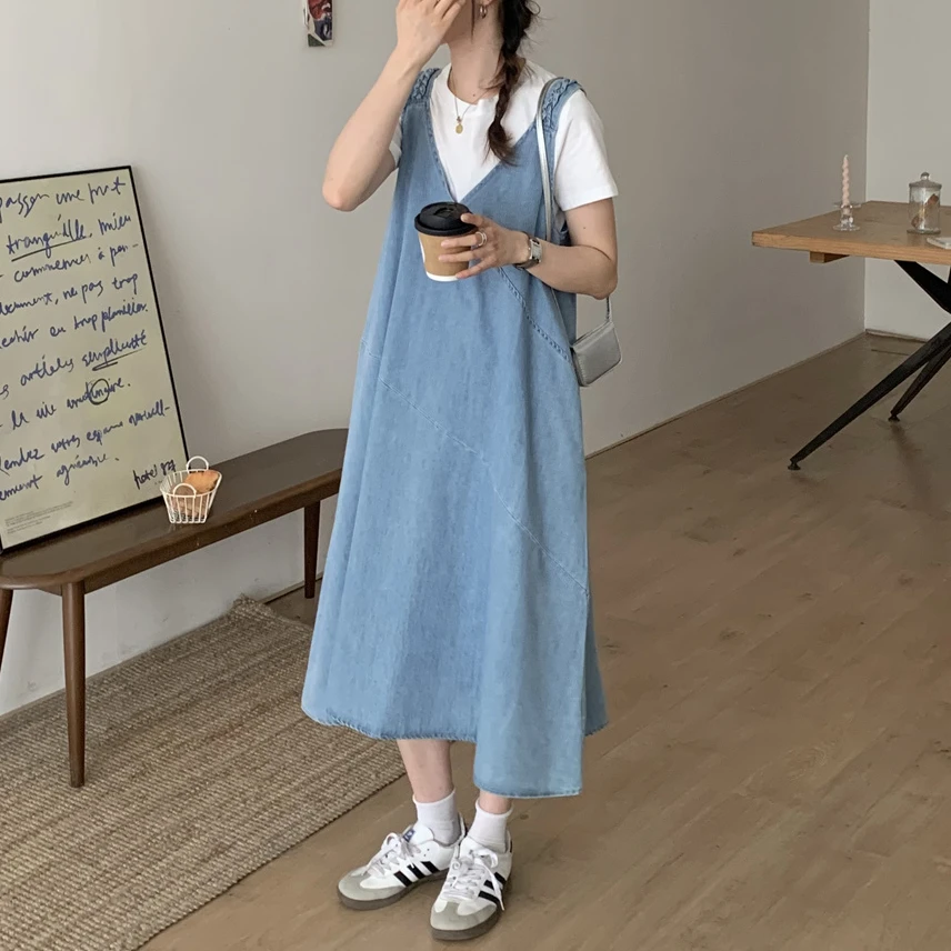 【清仓款】简约工装风时尚套装上衣时尚中长款显瘦纯色短袖+牛仔裙