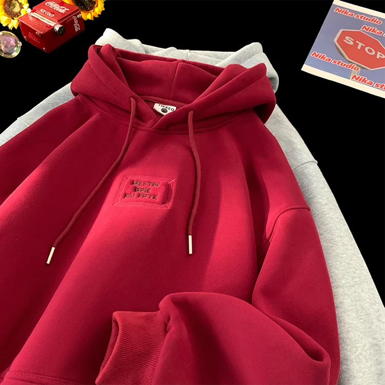 BBXX 重磅500g秋冬加绒美式潮牌字母刺绣连帽卫衣男宽松慵懒外套