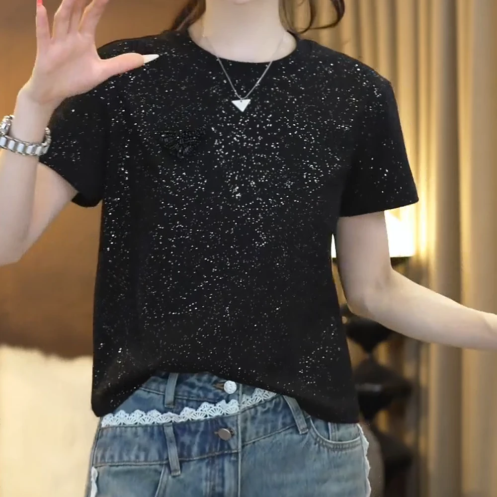 『银河系』春夏高奢潮流散银亮光时尚设计感重工圆领百搭短袖T恤