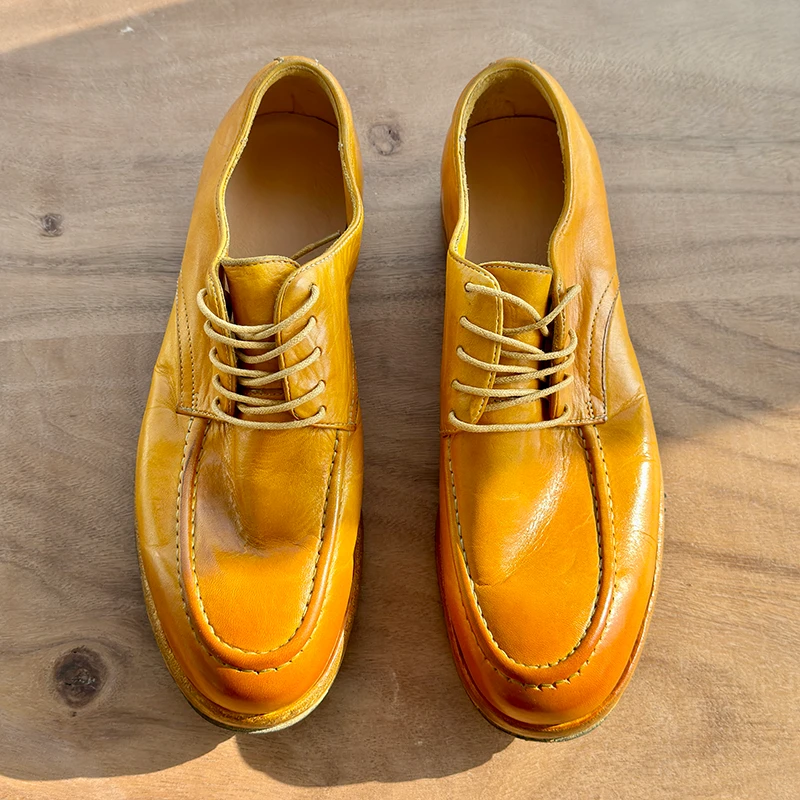 高端做旧黄色皮鞋男固特异沿条缝线手工鞋真皮低帮休闲圆头德比鞋