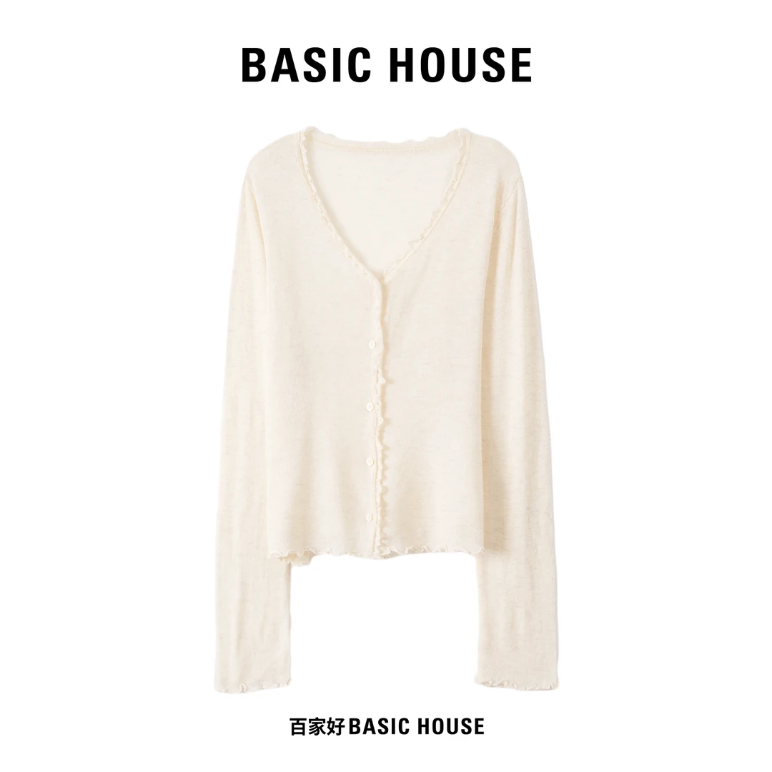 Basic House/百家好2025秋淑女透气木耳边针织开衫欧若风G662 MM