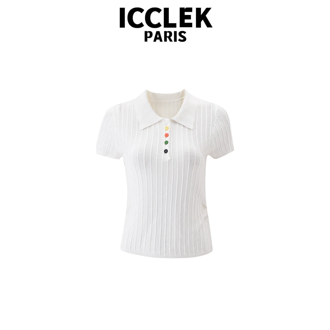 ICCLEK 白色翻领彩扣短袖针织衫夏季休闲百搭气质小众短袖 - 5428