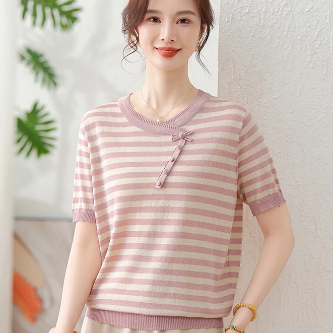妈妈夏装2025新款冰丝短袖t恤中年女洋气上衣服中老年人针织小衫