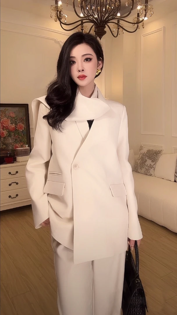 2573高级感新款时尚西服套装女名媛气质收腰长袖外套高腰微喇裤女