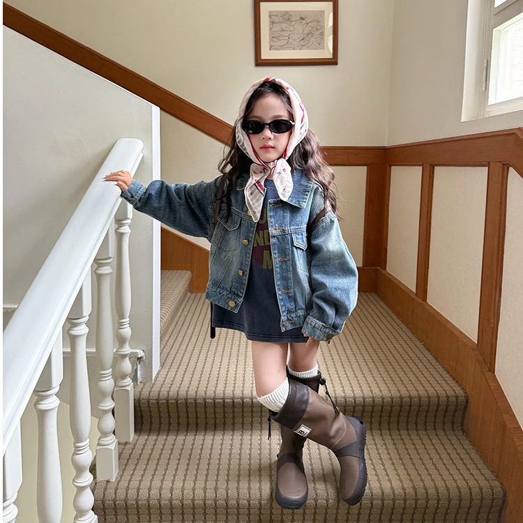 亲子【90棉】儿童复古磨白牛仔外套女童秋季休闲夹克上衣F037