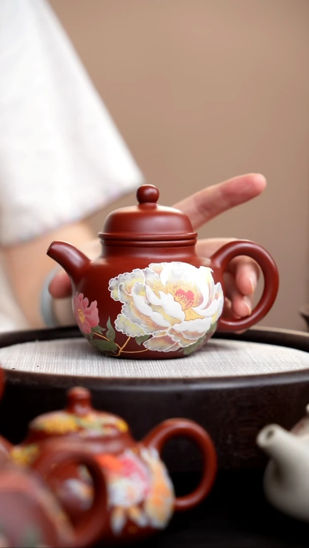茶壶紫砂朱泥高龙蛋泥绘白牡丹+杯008