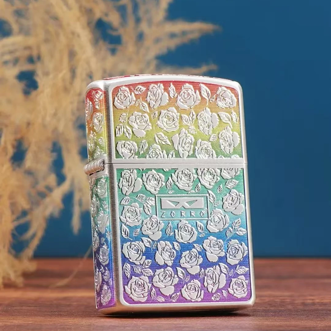镀银彩虹玫瑰  古银二代白钢内胆黄铜砂轮防风煤油打火机高档礼品