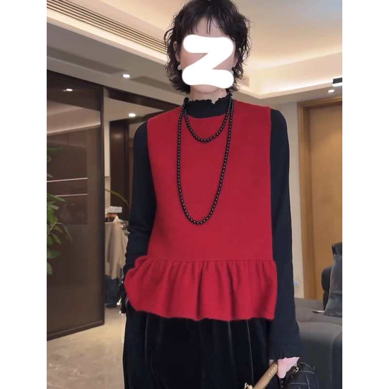 无袖减龄针织马甲女2025秋季大码胖MM中式荷叶摆好看洋气背心上衣