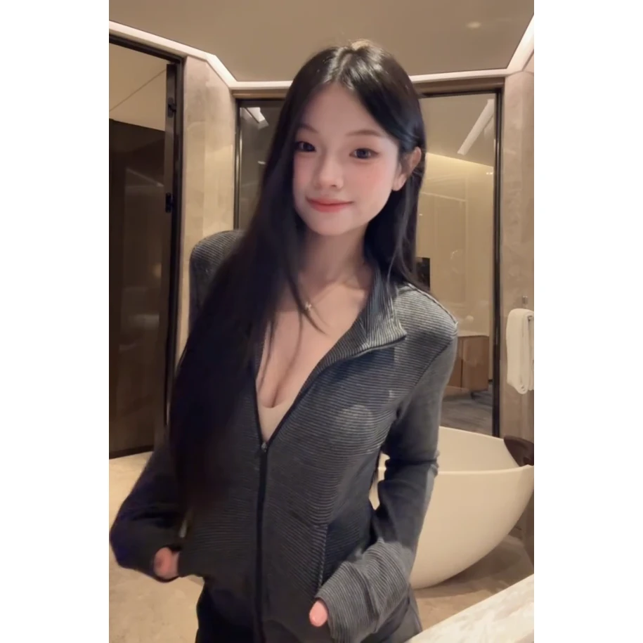 修身显高显瘦条纹可外穿家居服睡衣女春秋季拉链开衫长袖长裤套装