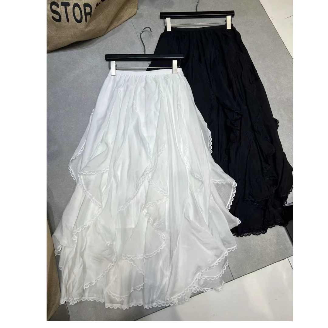 1QZ14依美丁时尚仙女层次不规则花边纱松紧腰半长裙