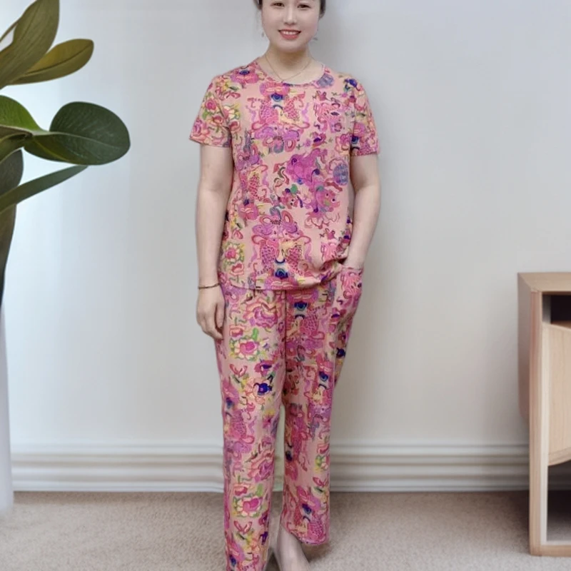 [上衣+裤子]绵绸新款套装中年妈妈装时尚夏季宽松显瘦洋气薄款