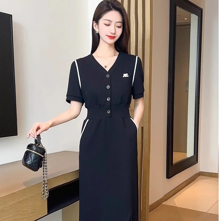 时尚休闲连衣裙女2025夏季新款洋气质收腰显瘦V领短袖不规则长裙