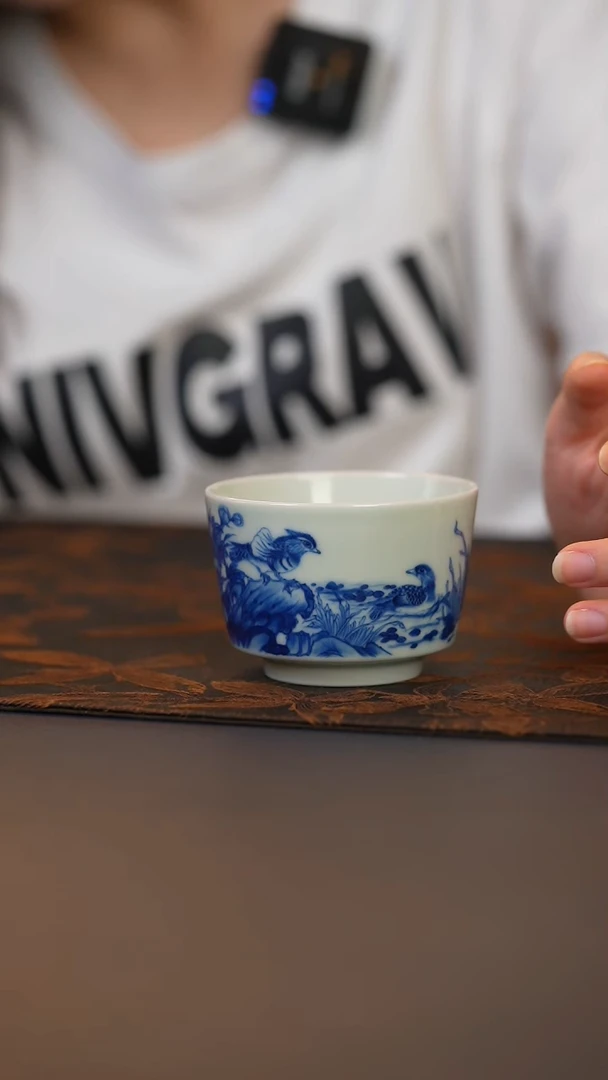 木南青花芙蓉鸳鸯马蹄杯