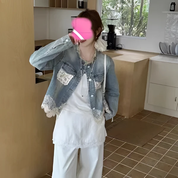 欧货2025春季新款时尚蕾丝拼接牛仔短外套女宽松长袖小个子上衣潮
