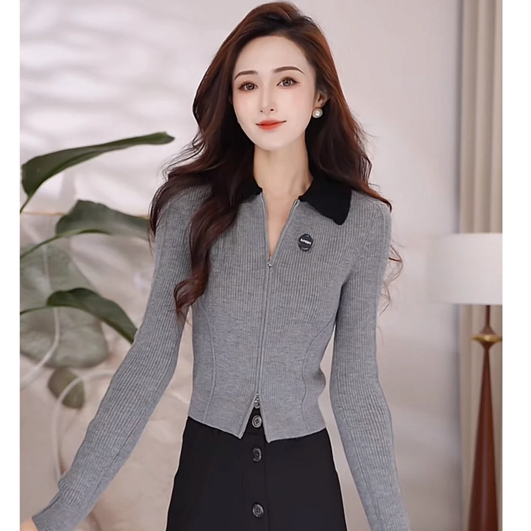 阿玛施/AMASS早秋新款拉链小众休闲显瘦长袖针织外套548060