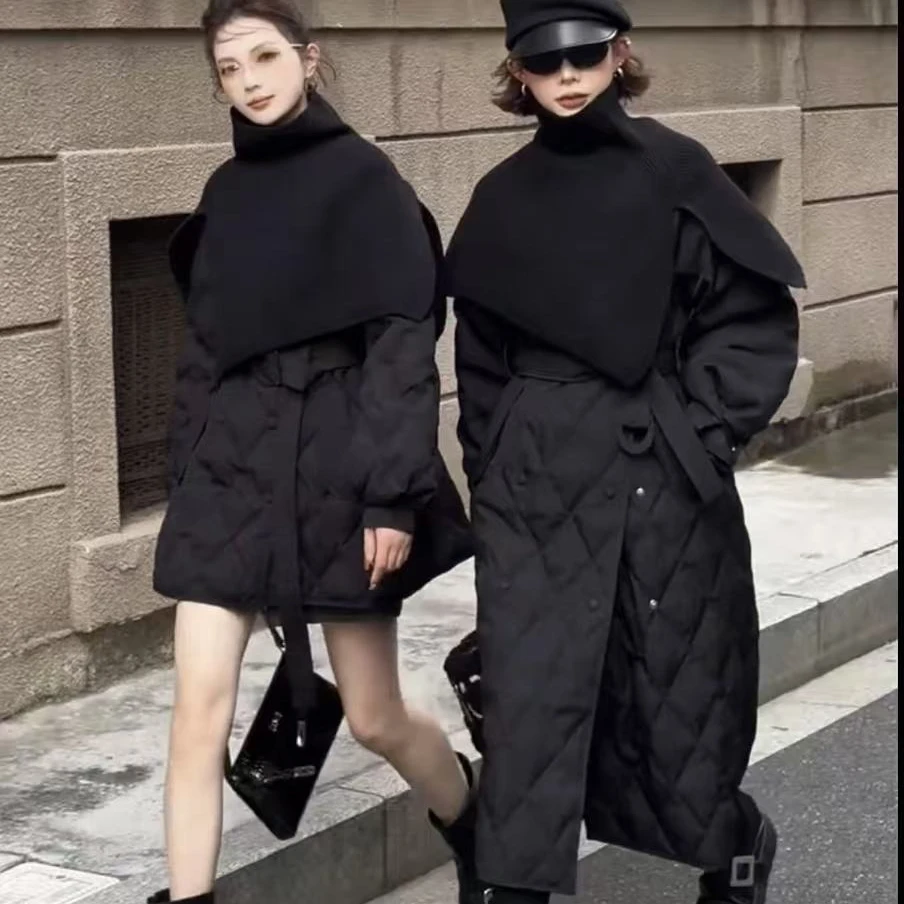 肉肉家 微胖mm韩系立领短款针织披肩绑带收腰冬季新款棉服外套