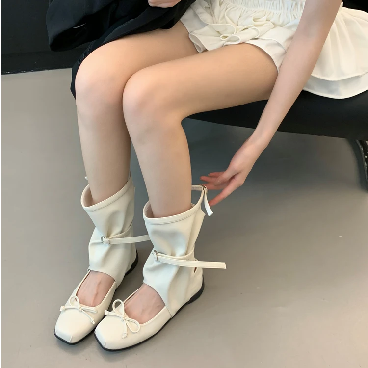 SGL-6826韩国小众设计凉靴子女2025年夏天蝴蝶结芭蕾舞褶皱堆堆靴