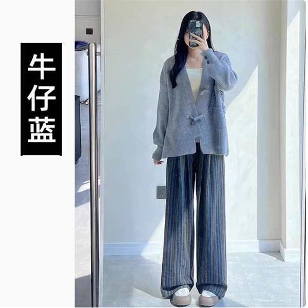 2025韩版孕妇裤新款显高竖条纹理高级感春秋季阔腿裤