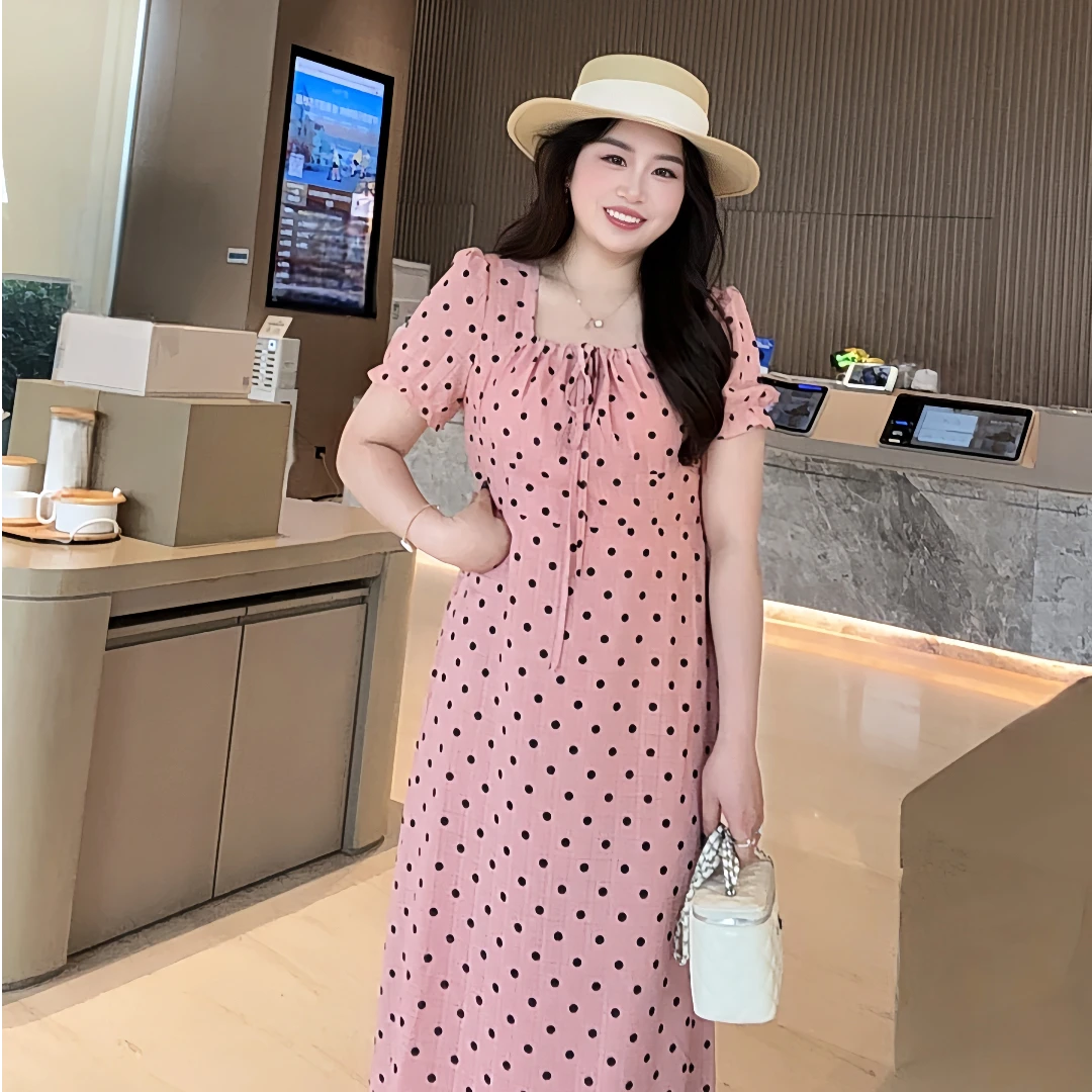 楠序微胖女装 2025夏季显瘦方领波点法式连衣裙女薄款裙子DD8216