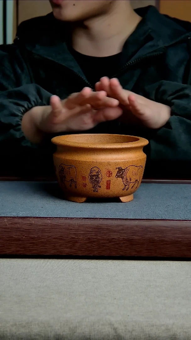 紫砂花盆12*8.5内径尺寸 五牛