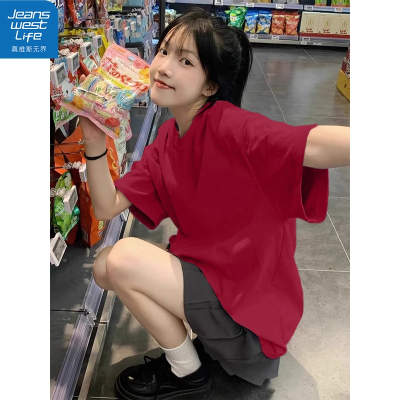 真维斯无界红色宽松T恤纯棉春夏季设计感休闲百搭小众韩版学生