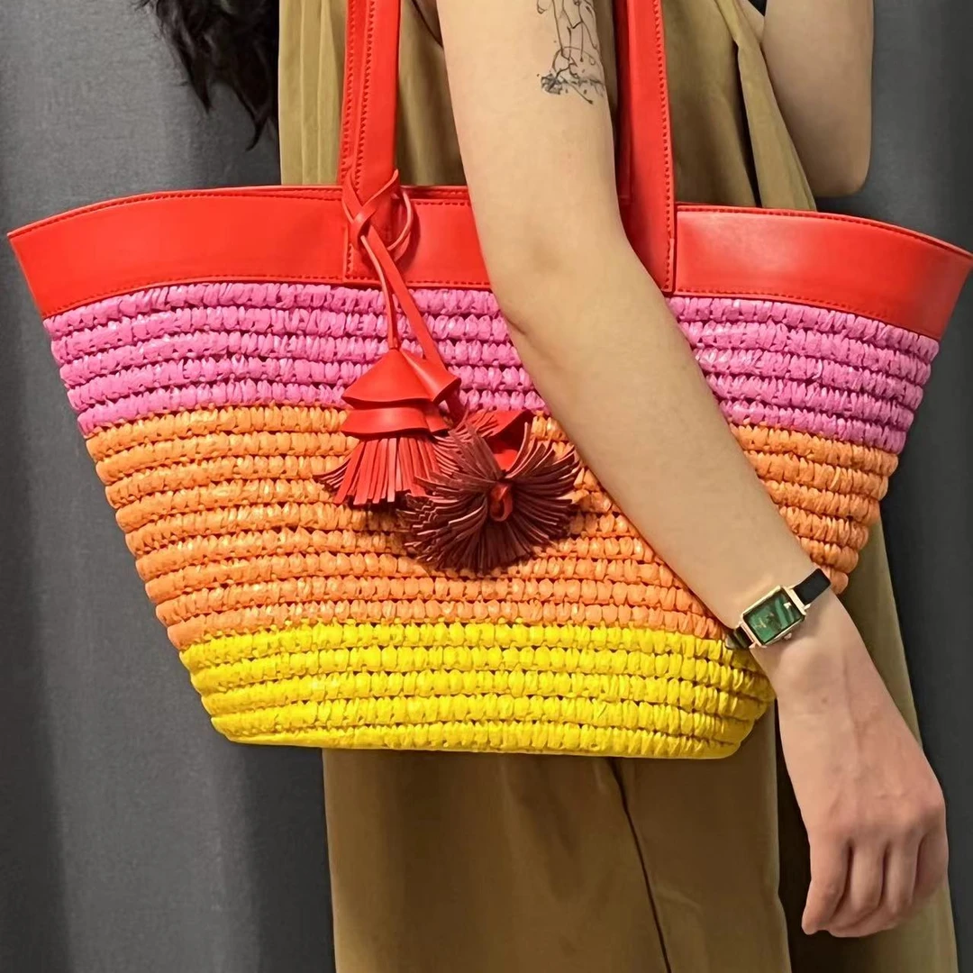 【工厂直销】重工时尚草编配皮编织包包，百搭沙滩托特包