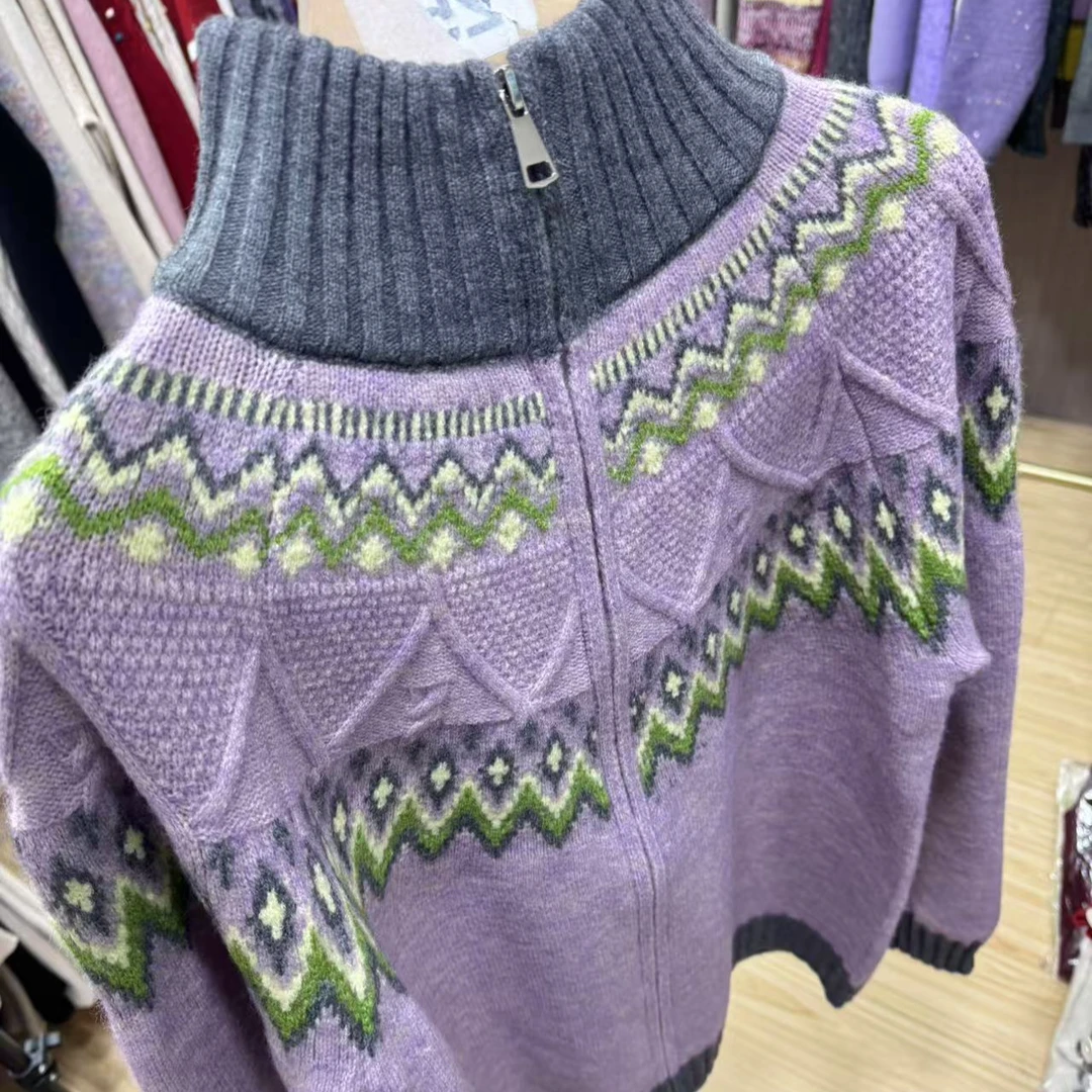 春装女插肩袖毛针织衫半高领圆领女装套头毛衫紫色拉链开衫