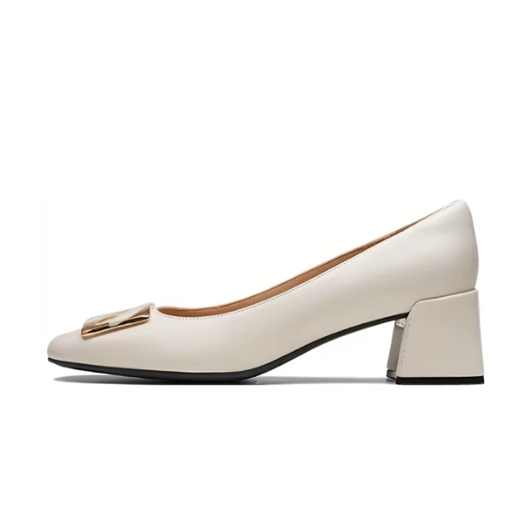 Clarks其乐 羊皮 方跟 金属扣 高跟鞋 4.5cm 女款 白色-261728544