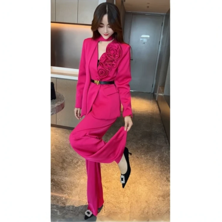 含腰带/名媛风气质洋气飘带光泽感立体花小西装外套中长款阔腿裤