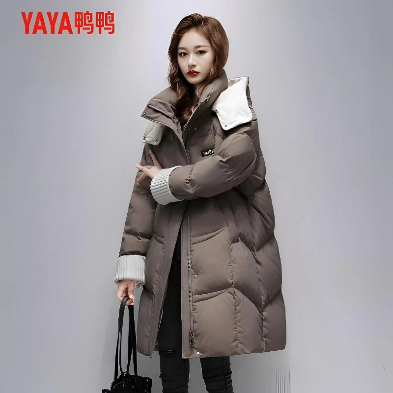 YAYA/鸭鸭羽绒服女士冬季针织袖口拼接连帽宽松外套YE3B600935H