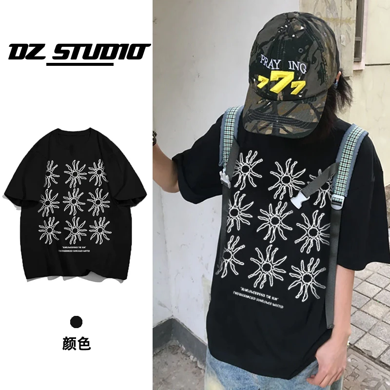 美式SUN小众复古休闲宽松百搭夏季短袖T恤慵懒设计潮上衣圆领