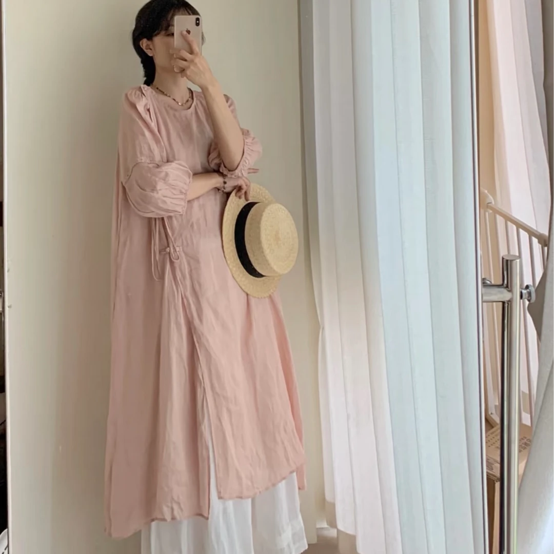 【见素】纯苎麻国风盘扣女禅静清冷风新中式中长款连衣裙春夏季袍子