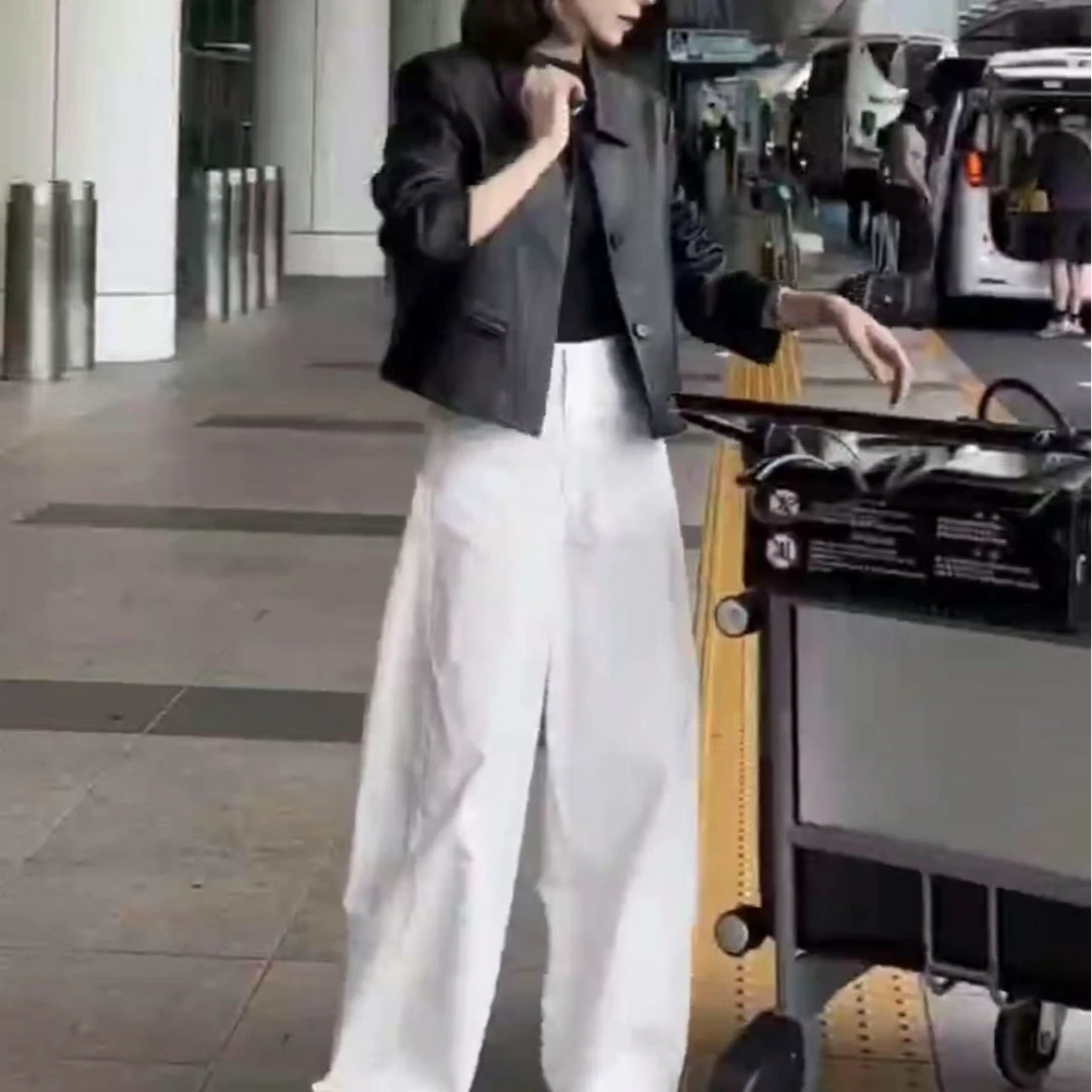 时尚套装网红气质显瘦洋气短款皮衣百搭休闲高腰阔腿裤两件套减龄