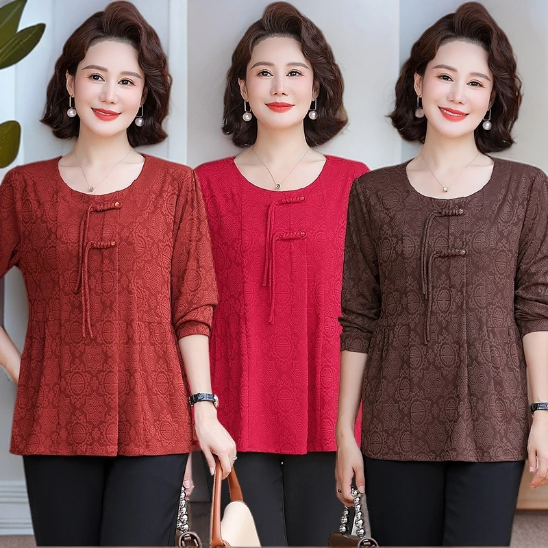 春秋季新款气质休闲时尚中老年女长袖T恤上衣宽松大码洋气妈妈装