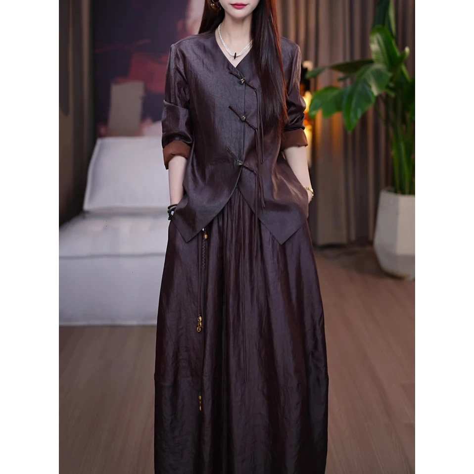 新中式时尚套装女2025秋季新款设计感气质显瘦长袖衬衫+半身裙